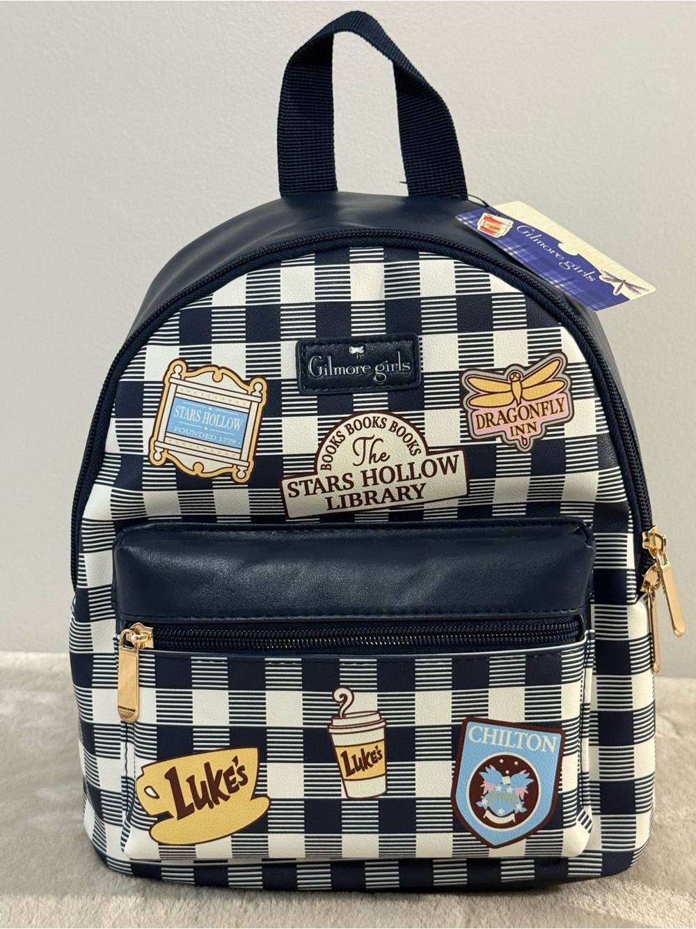 Gilmore Girls Navy & white checkered Mini Backpack with iconic patches NWT